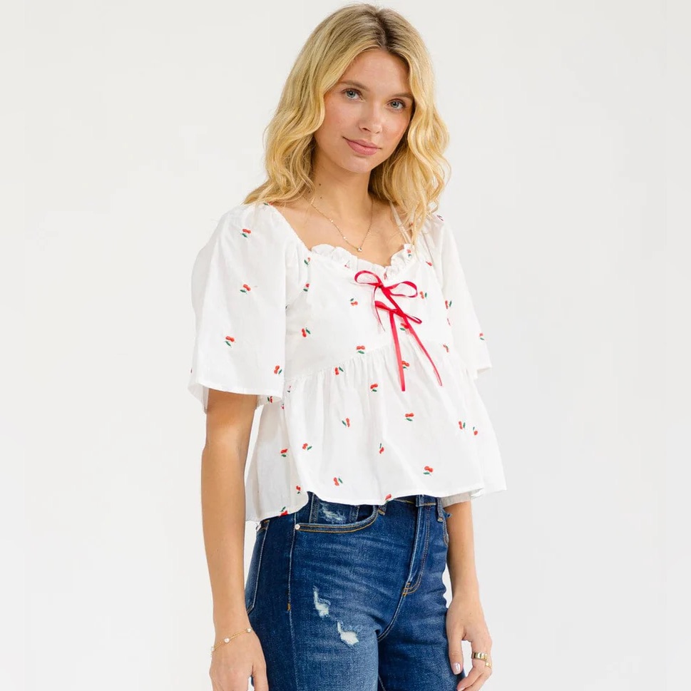 083 Women’s White Peplum Cherry-Print Top With Red Bows